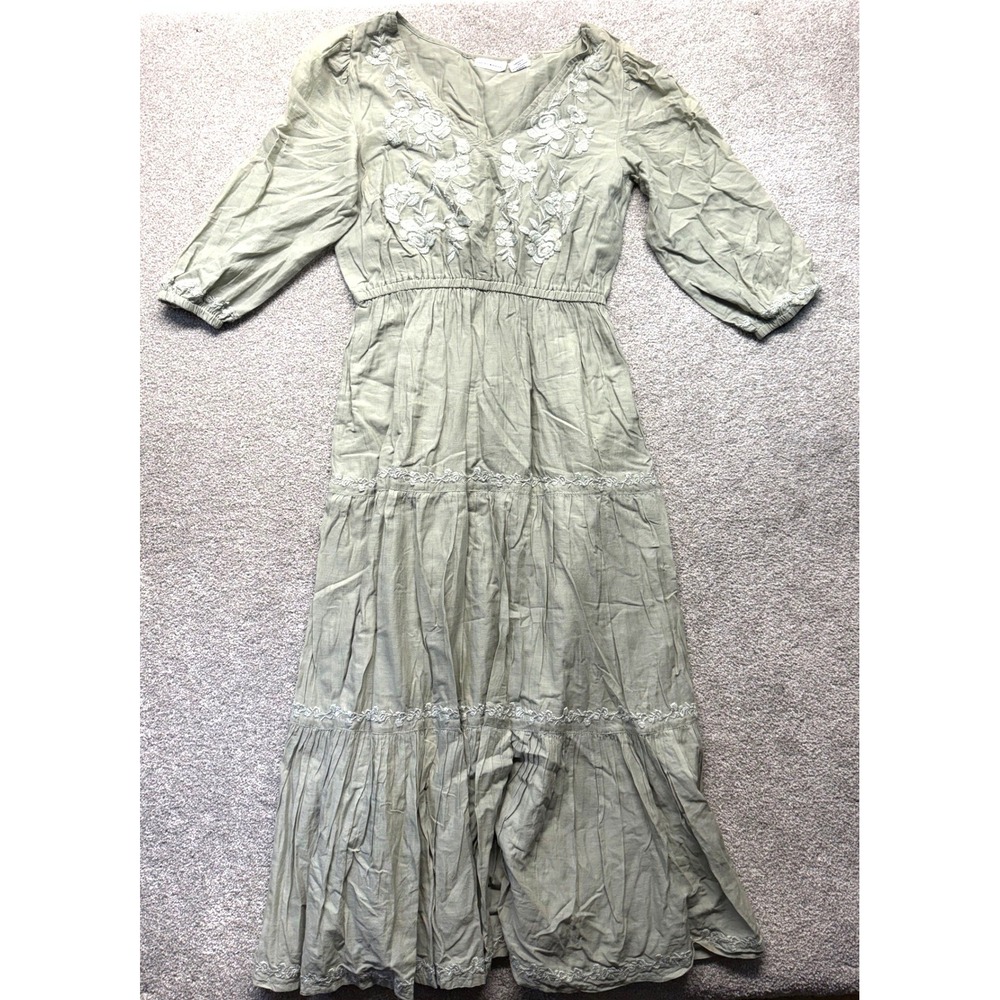 Lucky Brand Sage Green Embroidered Cotton Tiered Maxi Dress XS Boho